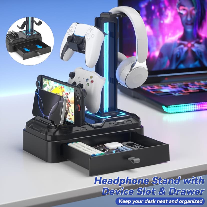 KDD RGB Headphone Stand with USB A&C Charger Ports